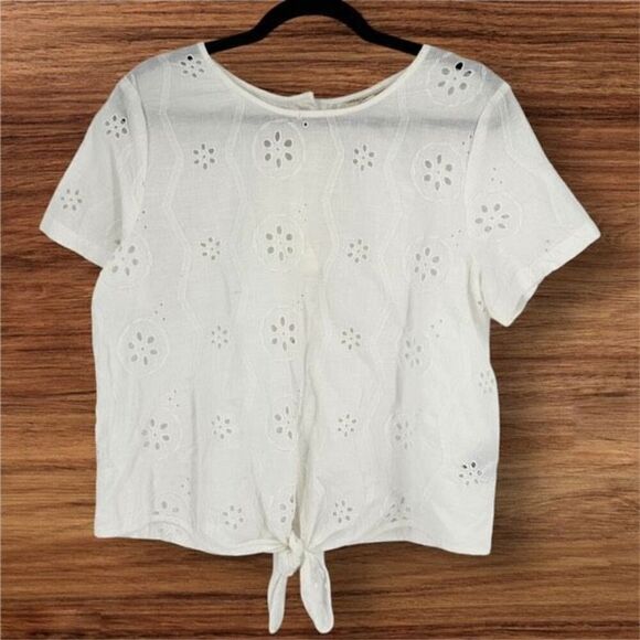 Christian Siriano Boho White Linen Blend Eyelet Embroidery Top Blouse Large - Picture 2 of 11